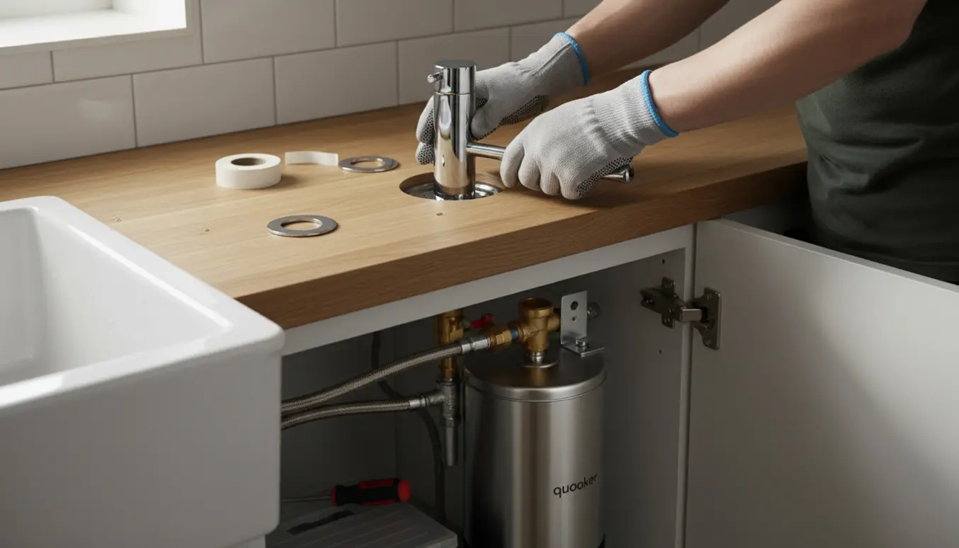 Hænder monterer en ny krom Quooker-vandhane over et køkkensvask med Quooker PRO3-beholder synlig i skabet under.