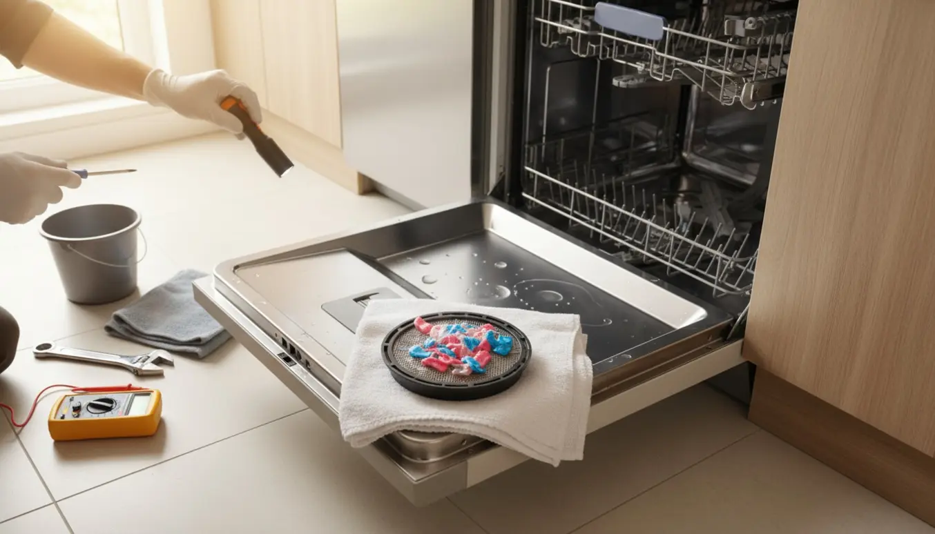 Åben opvaskemaskine med fjernet filter og værktøj ved siden af, mens hænder undersøger dræning.