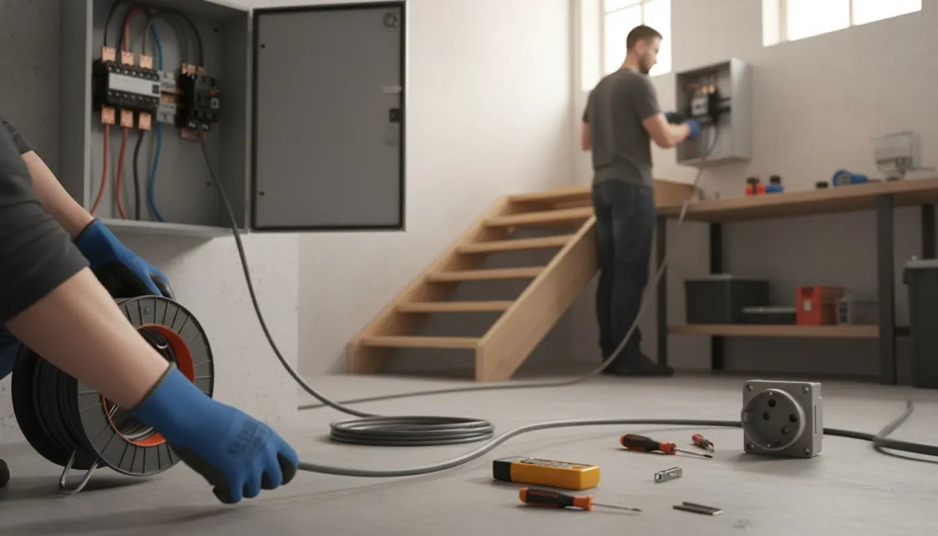 Elektriker fører et tykt 32A-kabel fra elmålerskab i kælder mod gruppetavle på stueplan.