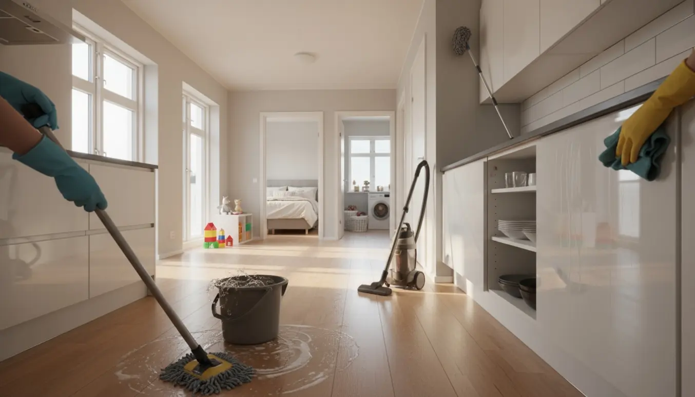 Rengøring i en lys, moderne lejlighed på 170 m² med støvsuger, moppe og rengøringsklud, mens skabslåger tørres af og spindelvæv fjernes.