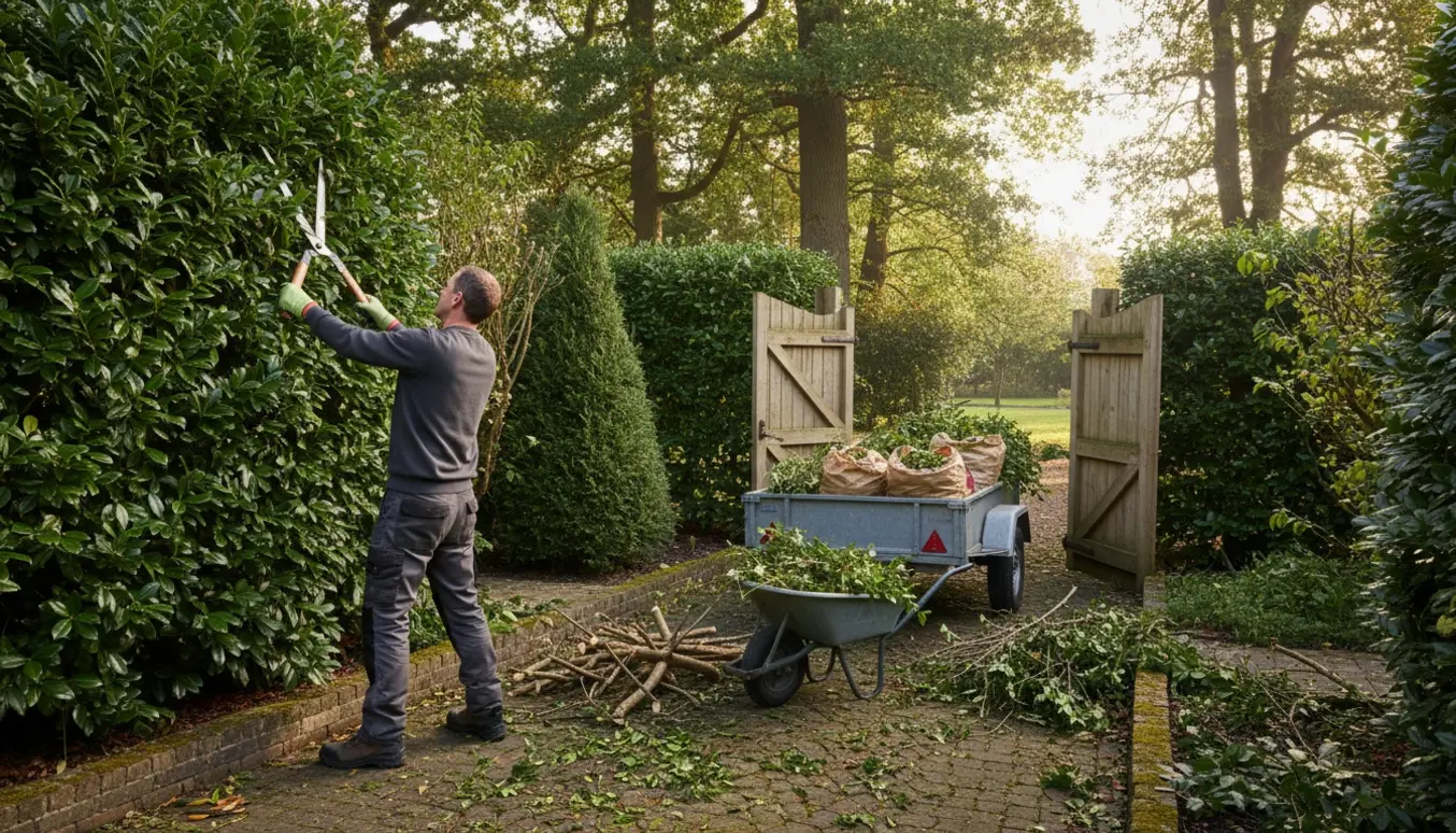 En person beskærer laurbær, hassel og thuja i en gammel have med afklip samlet i en trailer ved lågen.