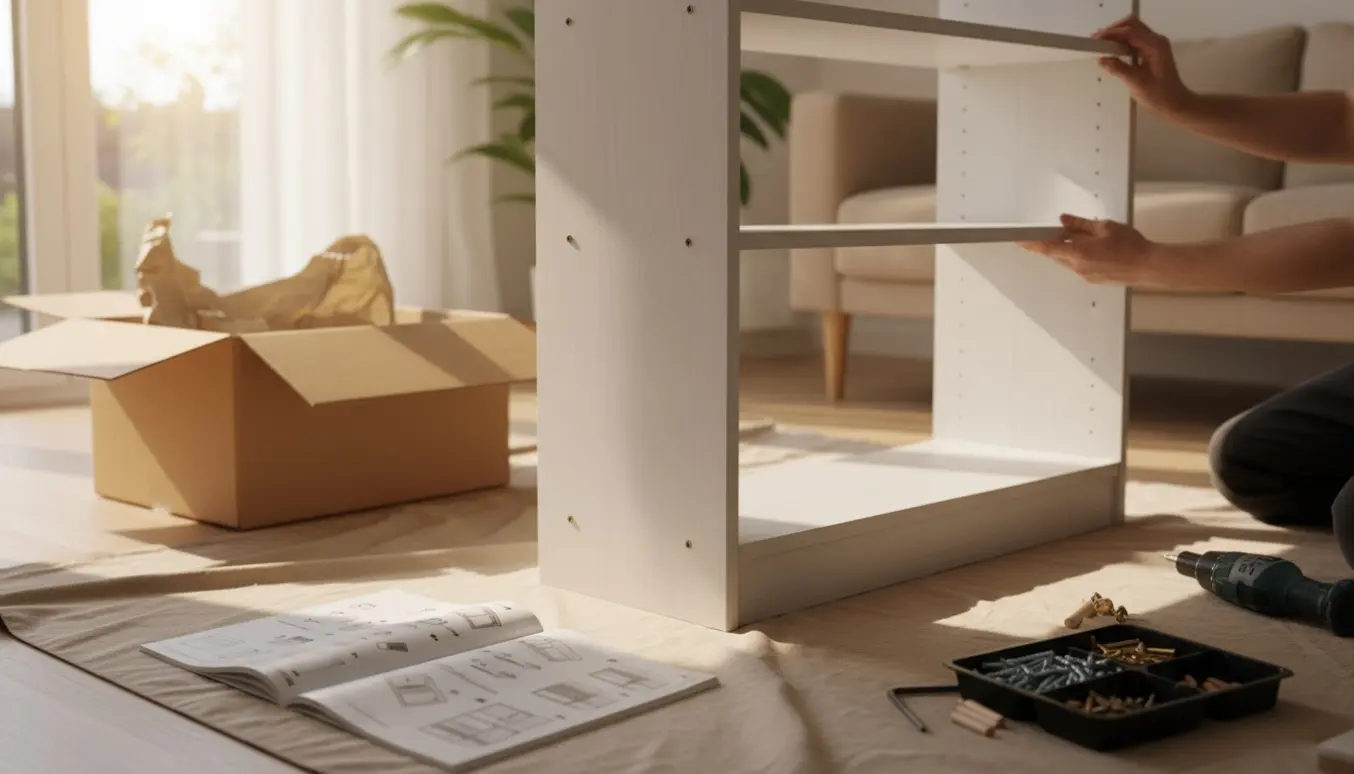 Hænder samler en stor fladpakke-reol med værktøj og monteringsdele i et lyst rum.