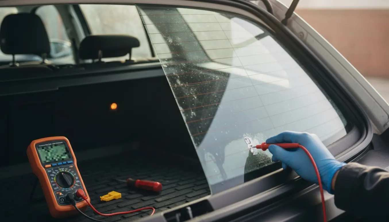 Åben bagklap på en stationcar, en hånd tester elbagruden med multimeter mens varmerude-knappen lyser.