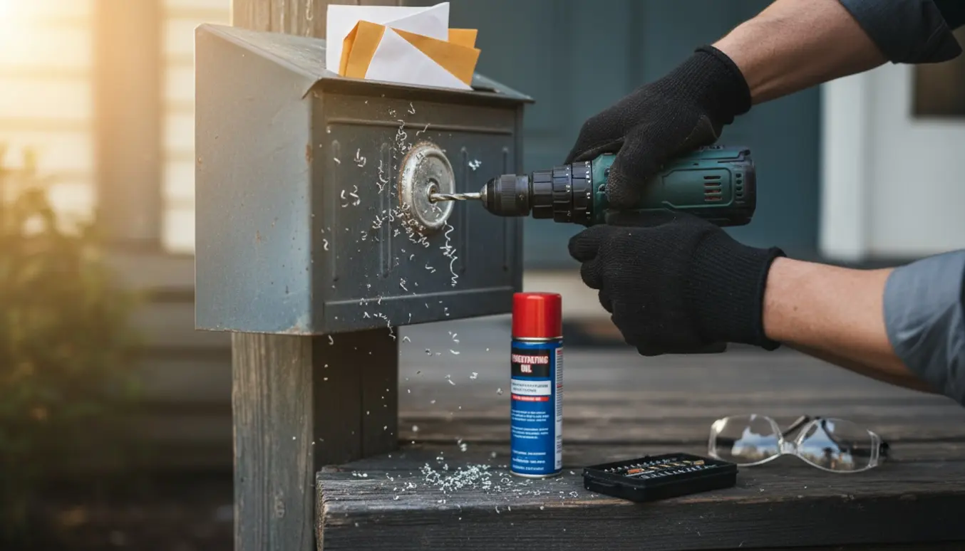 Nærbillede af hænder, der borer en lås op på en metalpostkasse med en boremaskine.
