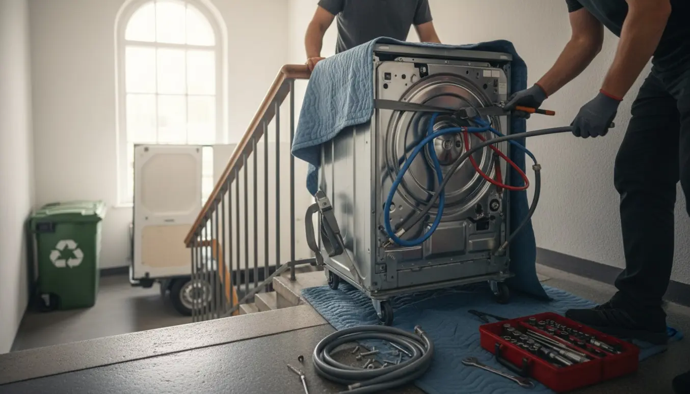 Delvist afmonteret vaskemaskine bæres ned ad en soloplyst trappe med værktøj og flytteudstyr klar til bortskaffelse.