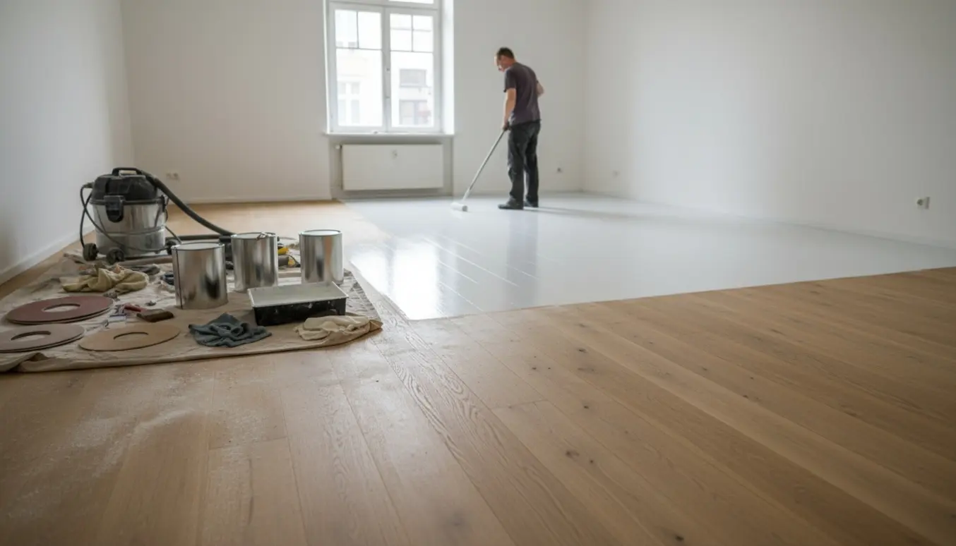 Uaf møbleret lejlighed med håndværker, værktøj og nyafslibet trægulv hvor hvid mat lak påføres.