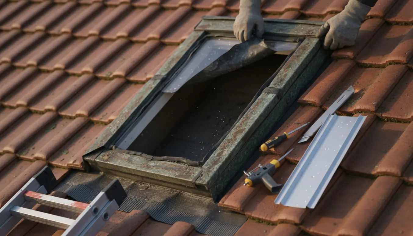 Hænder i arbejdshandsker fjerner gammel inddækning omkring et utæt tagvindue på et teglagt tag.