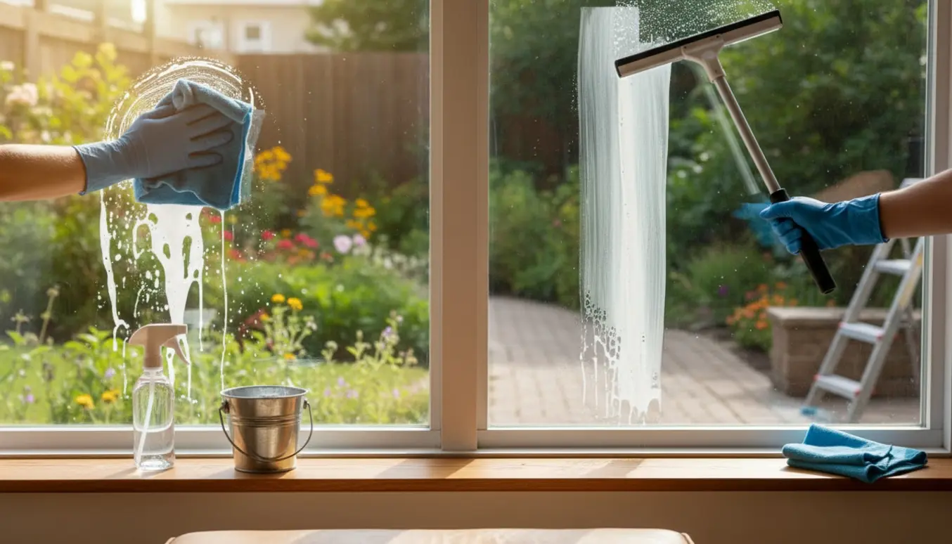 Nærbillede af hænder, der pudser et vindue med en klud og en forlænger-skraber, med haven synlig udenfor.