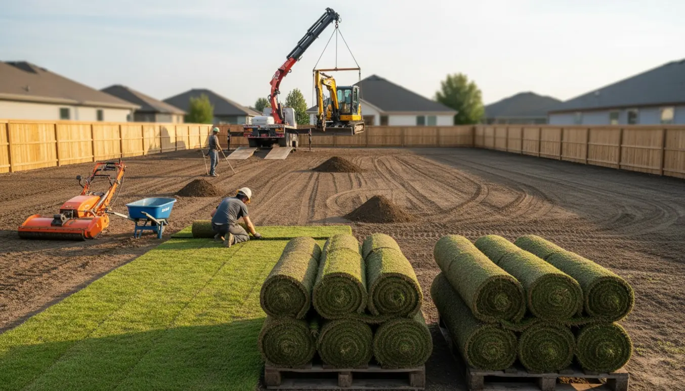 Renovering af en træfri have med maskiner til planering og lægning af rullegræs.