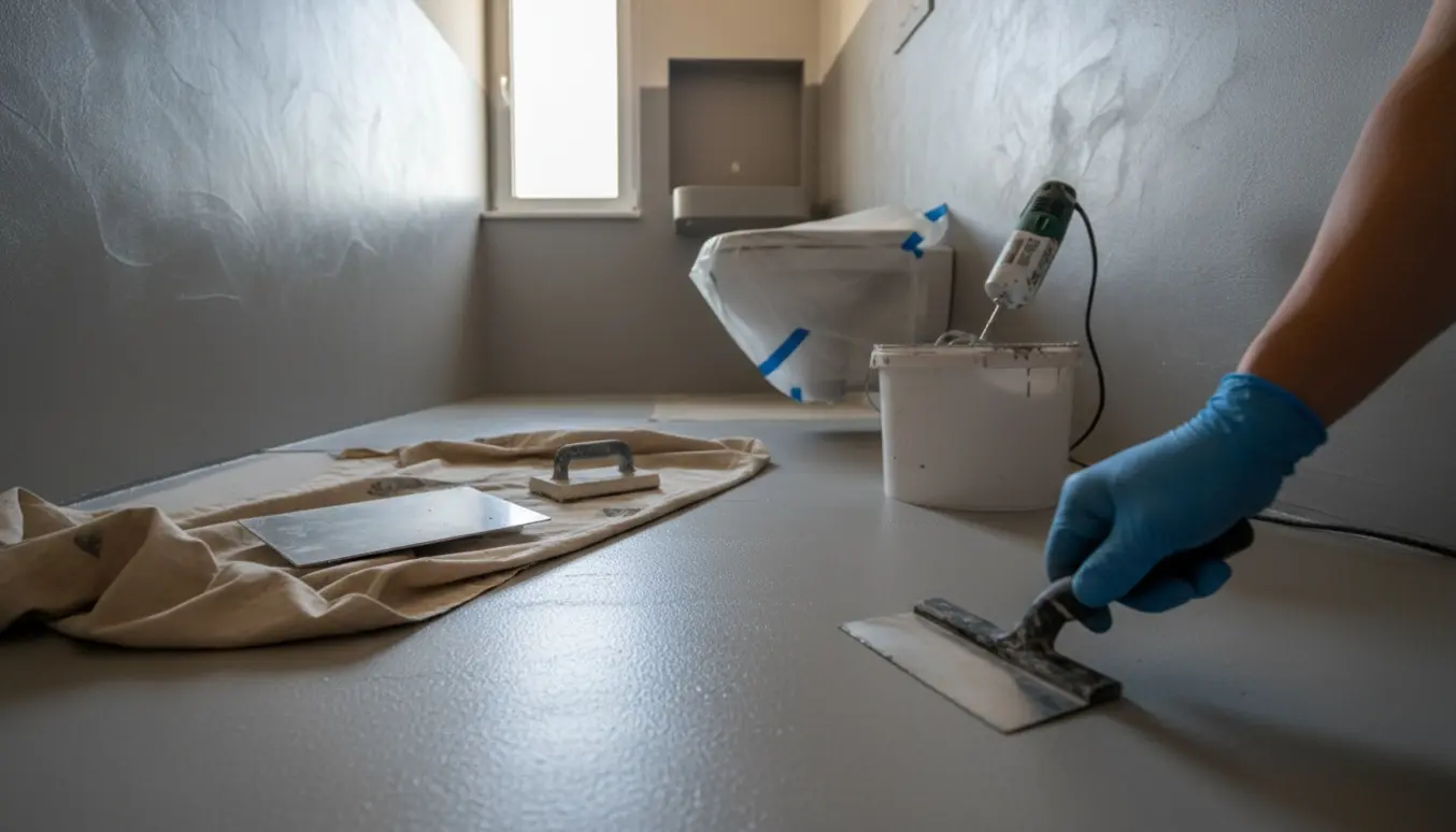 Nylagt silkecement på gulv og vægge i et lille badeværelse med værktøj klar til efterbehandling.