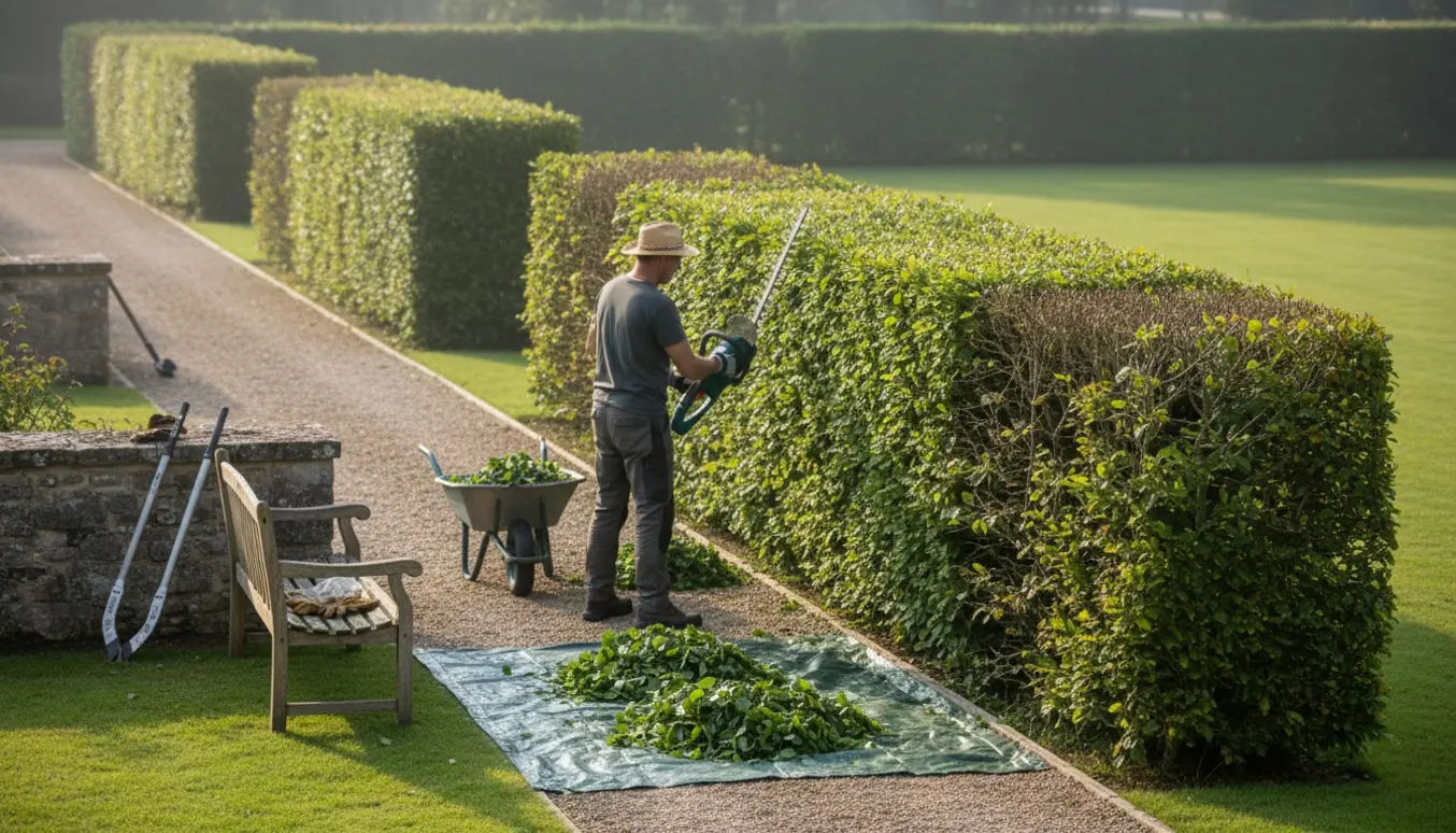 Gartner trimmer toppen og siden af en bøgehæk fra jorden og et lavt stendige med trillebør og bunker af afklip.