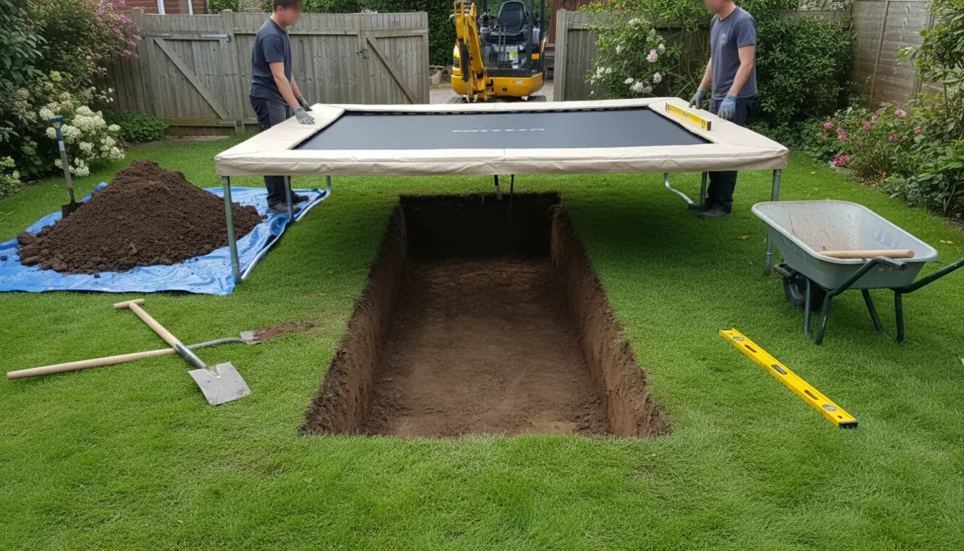 Rektangulær trampolin under nedgravning i en græsplæne med minigraver og jordbunker ved en smal havelåge.