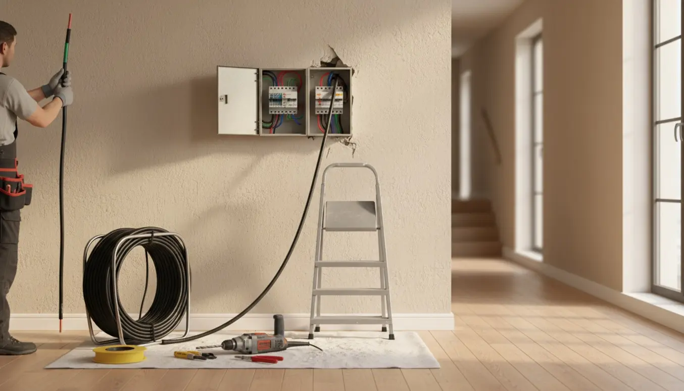 Elektriker trækker et nyt tykt strømkabel fra kælderen gennem lejligheden ved en åben eltavle.