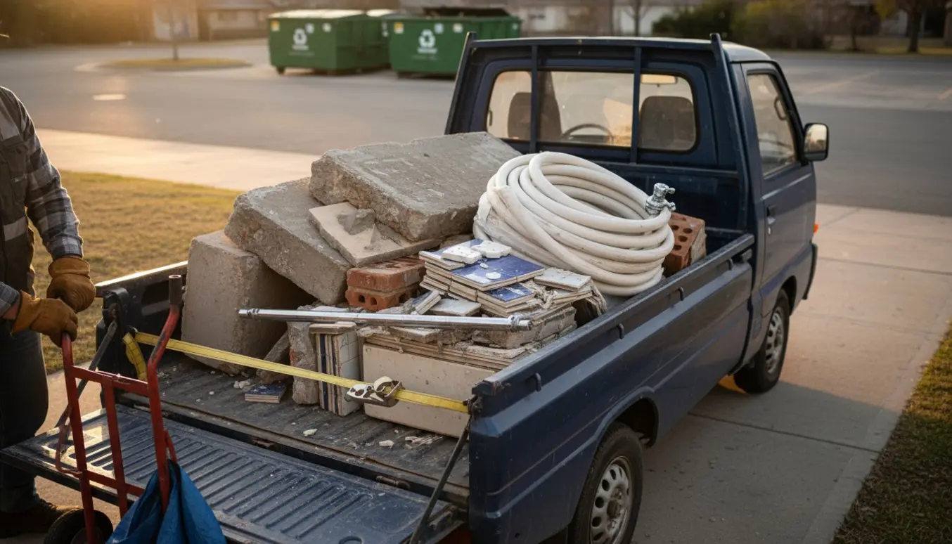 Ladvogn fyldt med byggeaffald fra et badeværelsesprojekt klar til aflevering på genbrugspladsen.