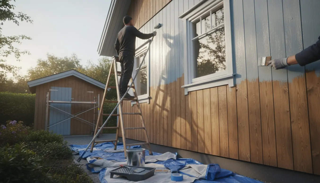 Malere maler facaden, vindueslister, stern og vindskeder på et træhus med afdækning og udstyr.
