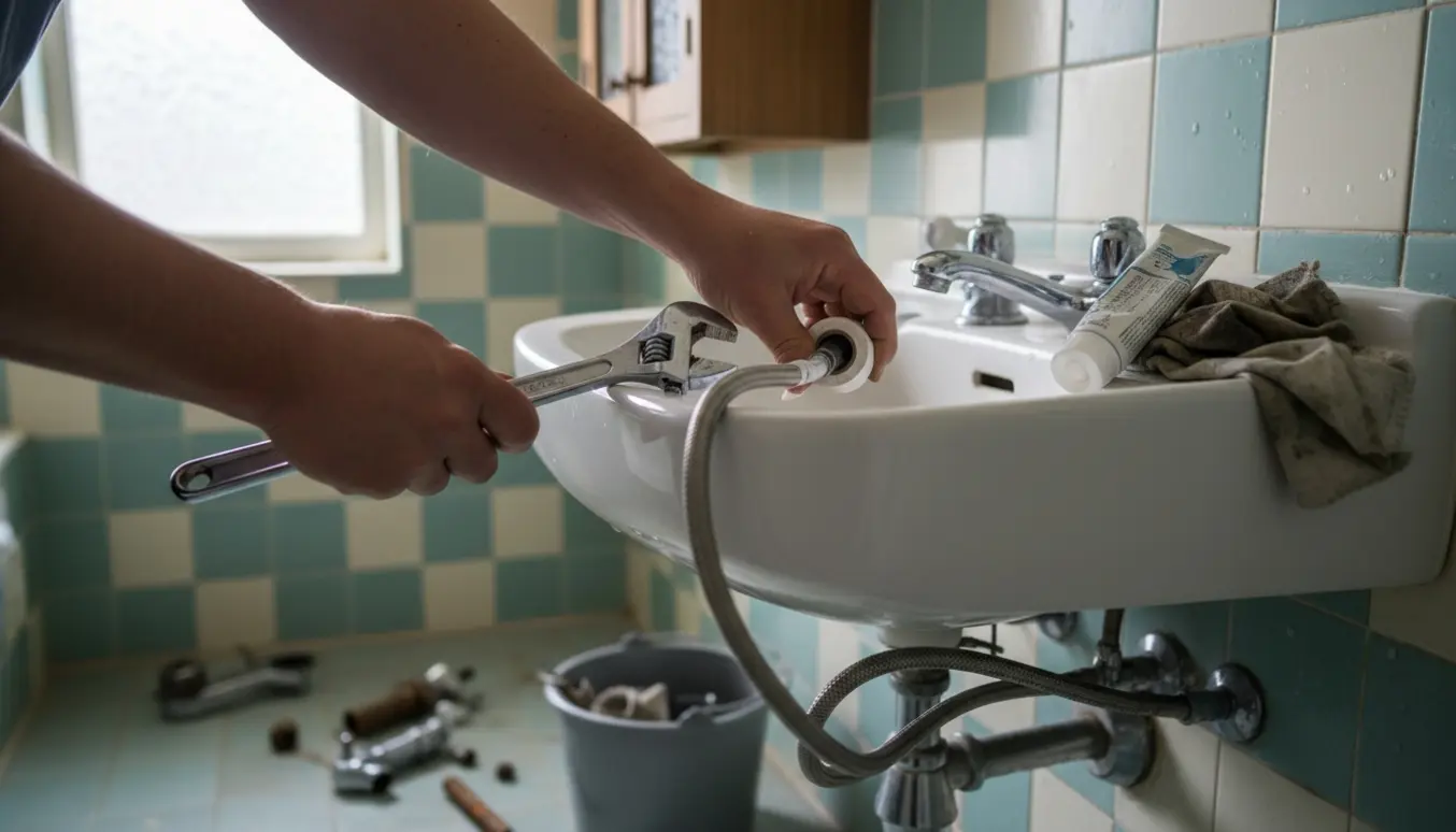 Nærbillede af hænder, der monterer et krom blandingsbatteri på en hvid porcelænvask i et 1960'er-badeværelse.