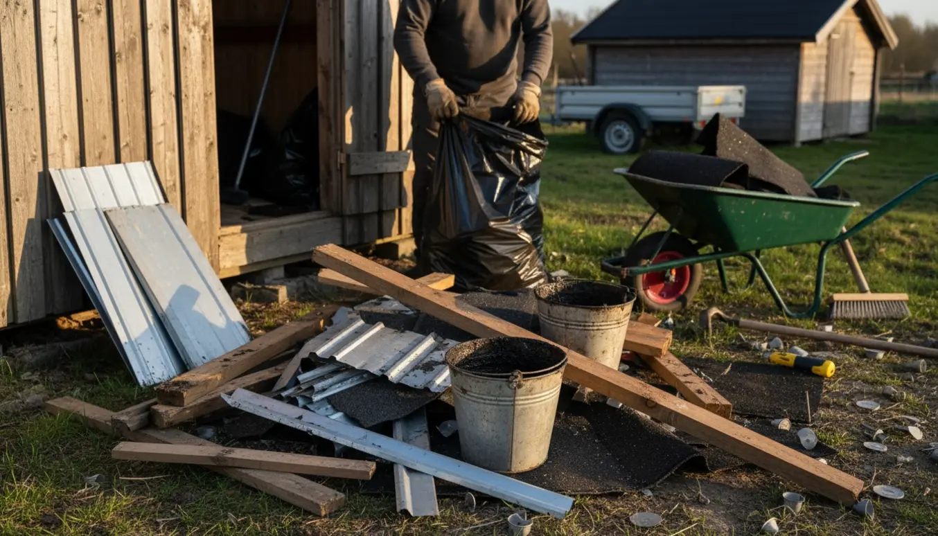 Affald fra ny tagpap pålægning samlet ved et skur med metallister, overskud af tagpap, tomme tjærebøtter og trælister.