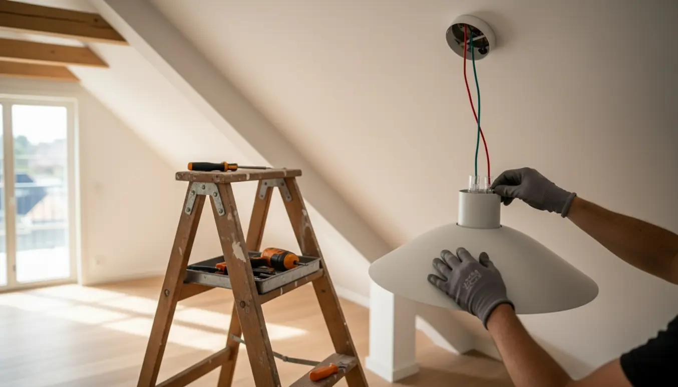 Ophængning af en pH-kogle (ø48) på et skråloft med synligt lampeudtag og værktøj.