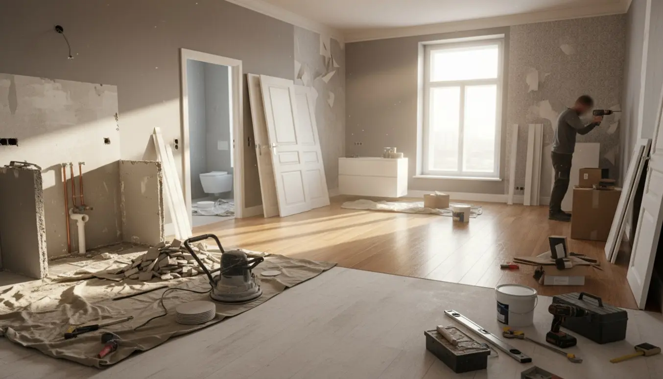 Åben lejlighed under renovering med delvist slebne gulve, fjernet køkken, nye døre og værktøj klar til montering.