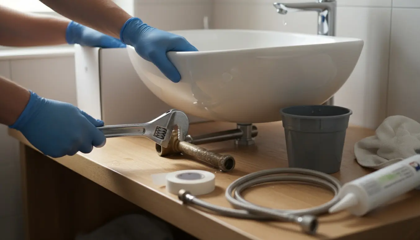 Nærbillede af hænder, der monterer en ny hvid vask og kromvandhane i et lyst, moderne badeværelse med værktøj ved siden af.