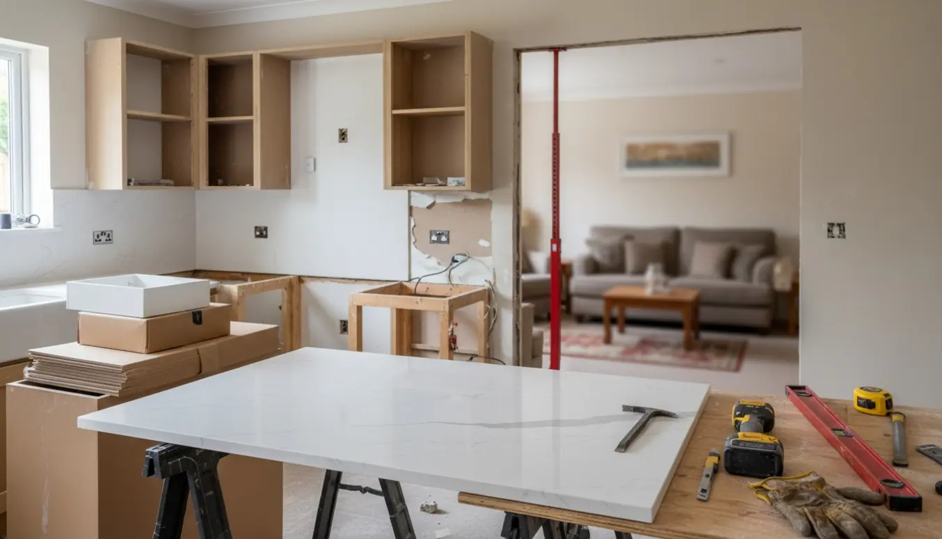 Partielt nedrevet køkken med ny bordplade på bukke og en åbning i væggen mod stuen.