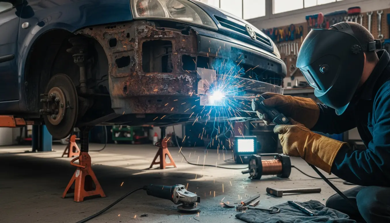 Mekaniker svejser en rusten forbro under en påløftet lille hatchback med hjul fjernet.