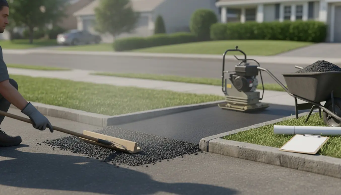 Nylagt asfaltrampe fra kantsten til indkørsel, med arbejdshænder og værktøj i fokus.
