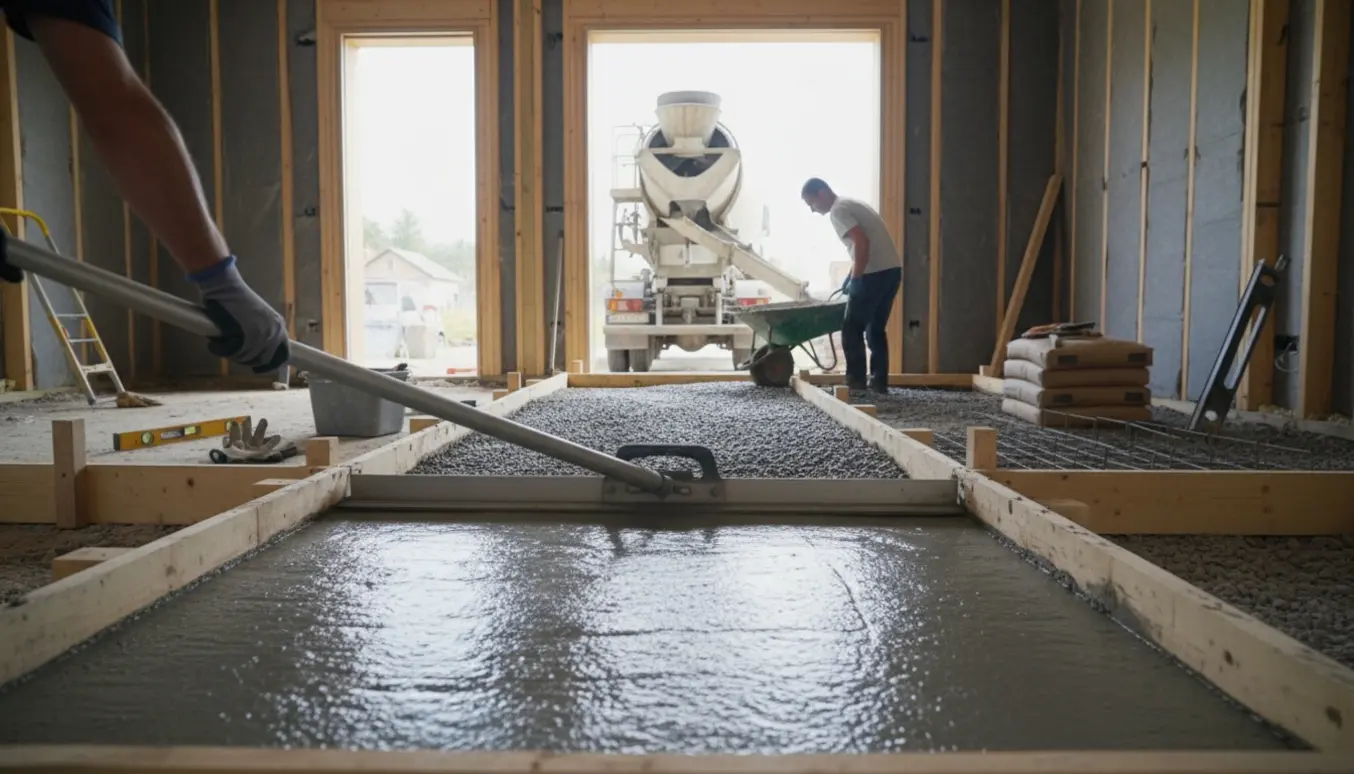 Håndværkere støber og udjævner et 10 cm betongulv i et hus med betonbil og glatteværktøj.