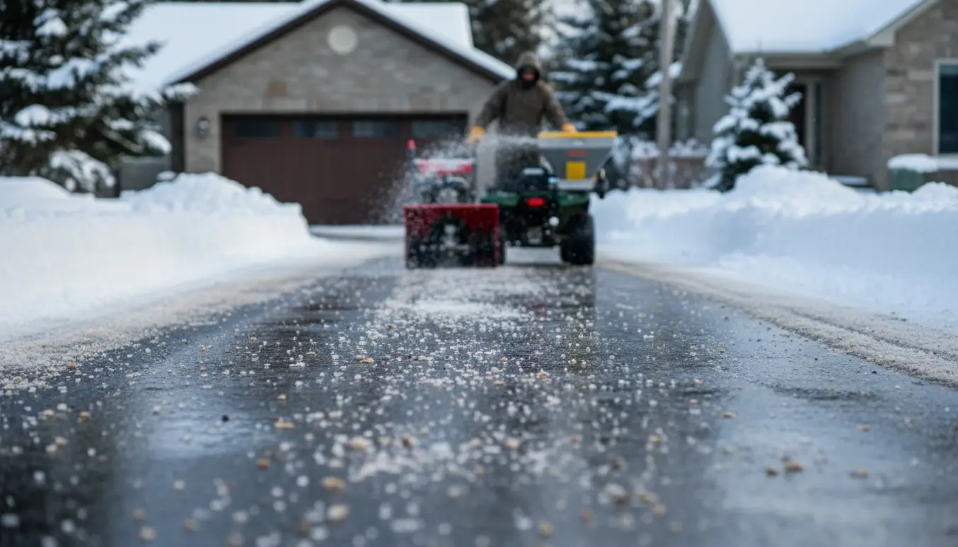 Nyryddet privat blindvej med saltede asfaltstriber, sneskyder og saltspredning i fokus.