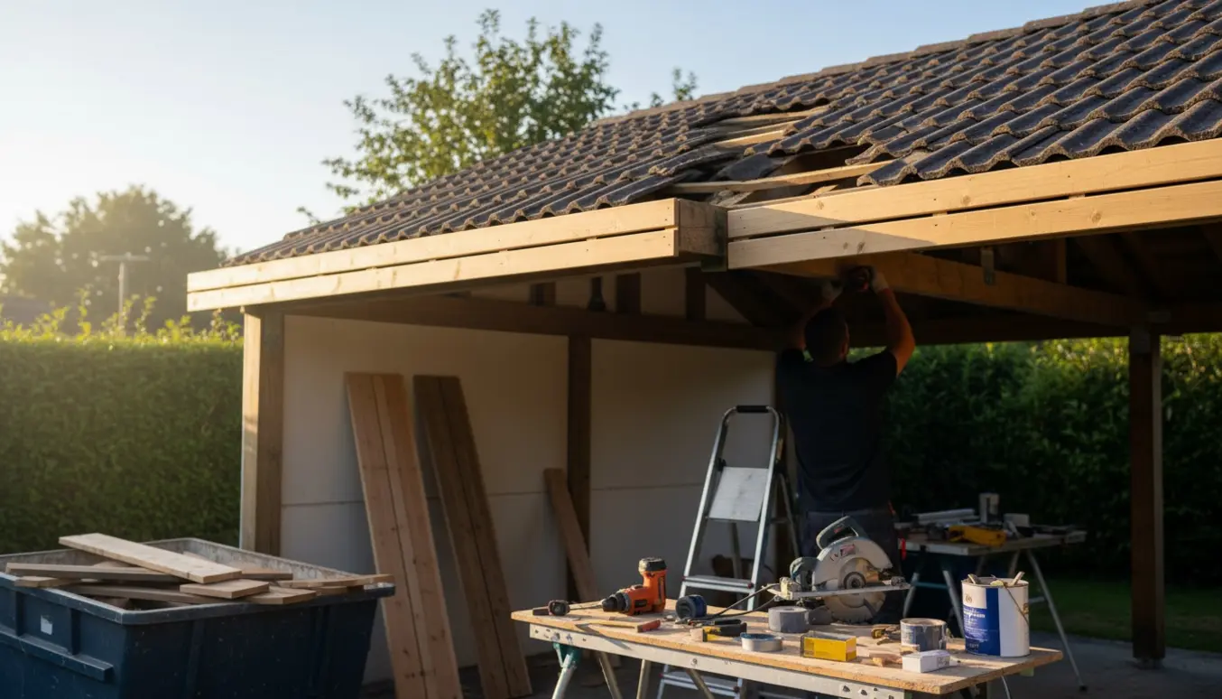 Carportens tagudhæng hvor trævindskeder udskiftes, nye brædder klar og gammelt træ i containeren.