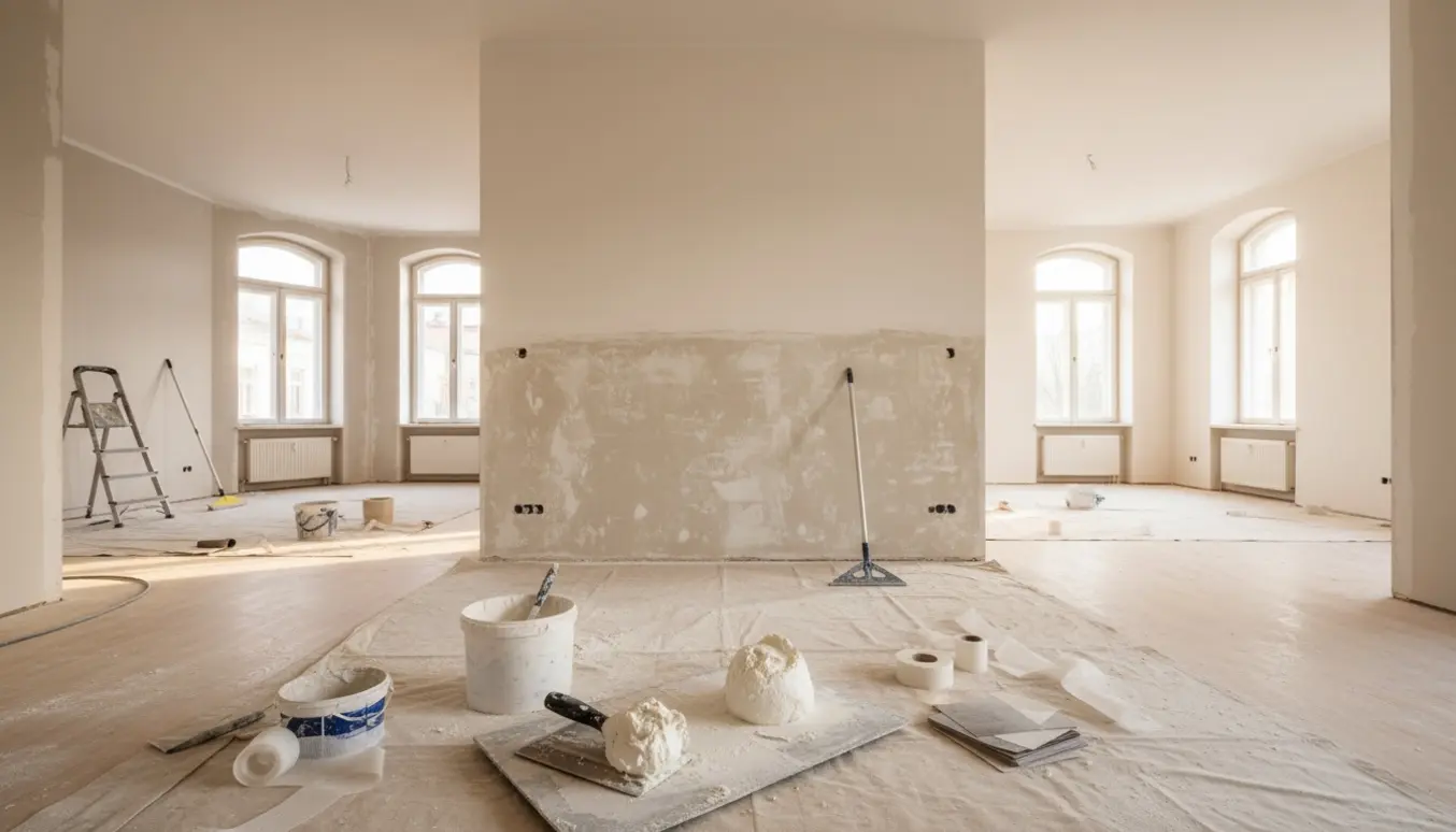Umøbleret lejlighed i dagslys med en væg halvt fuldspartlet og spartelværktøj på afdækning.