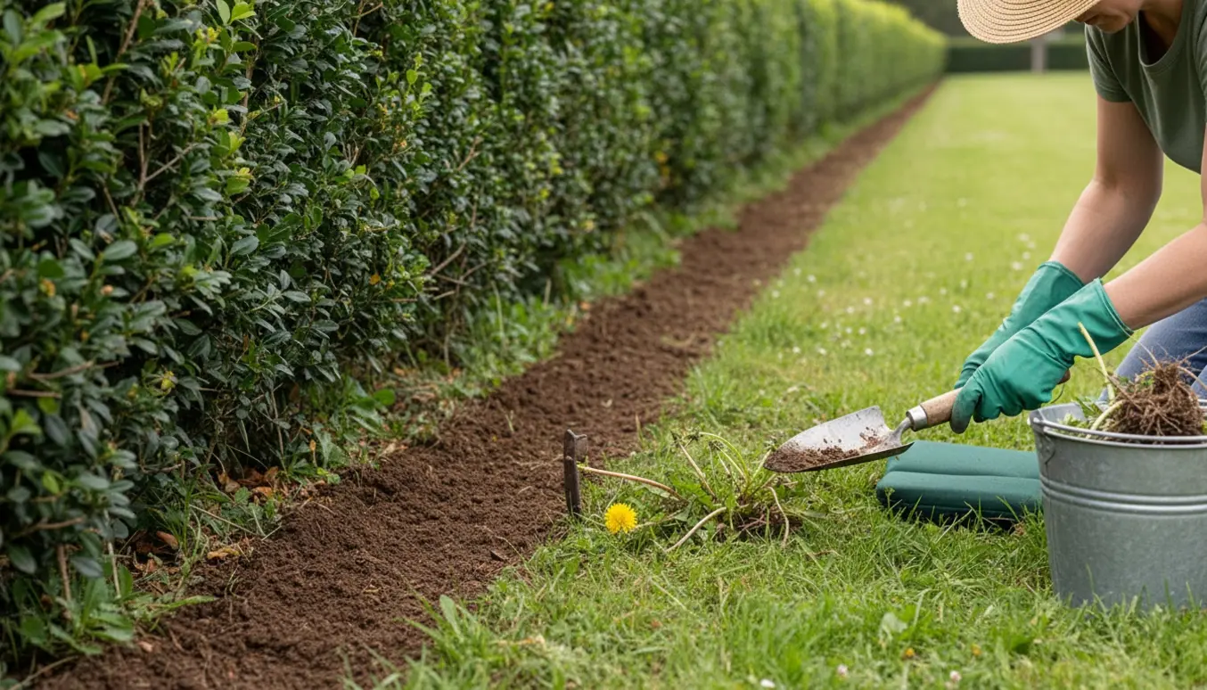 Ukrudtsrensning langs en hæk med håndredskaber, viser en tydelig 10 cm ren kant.