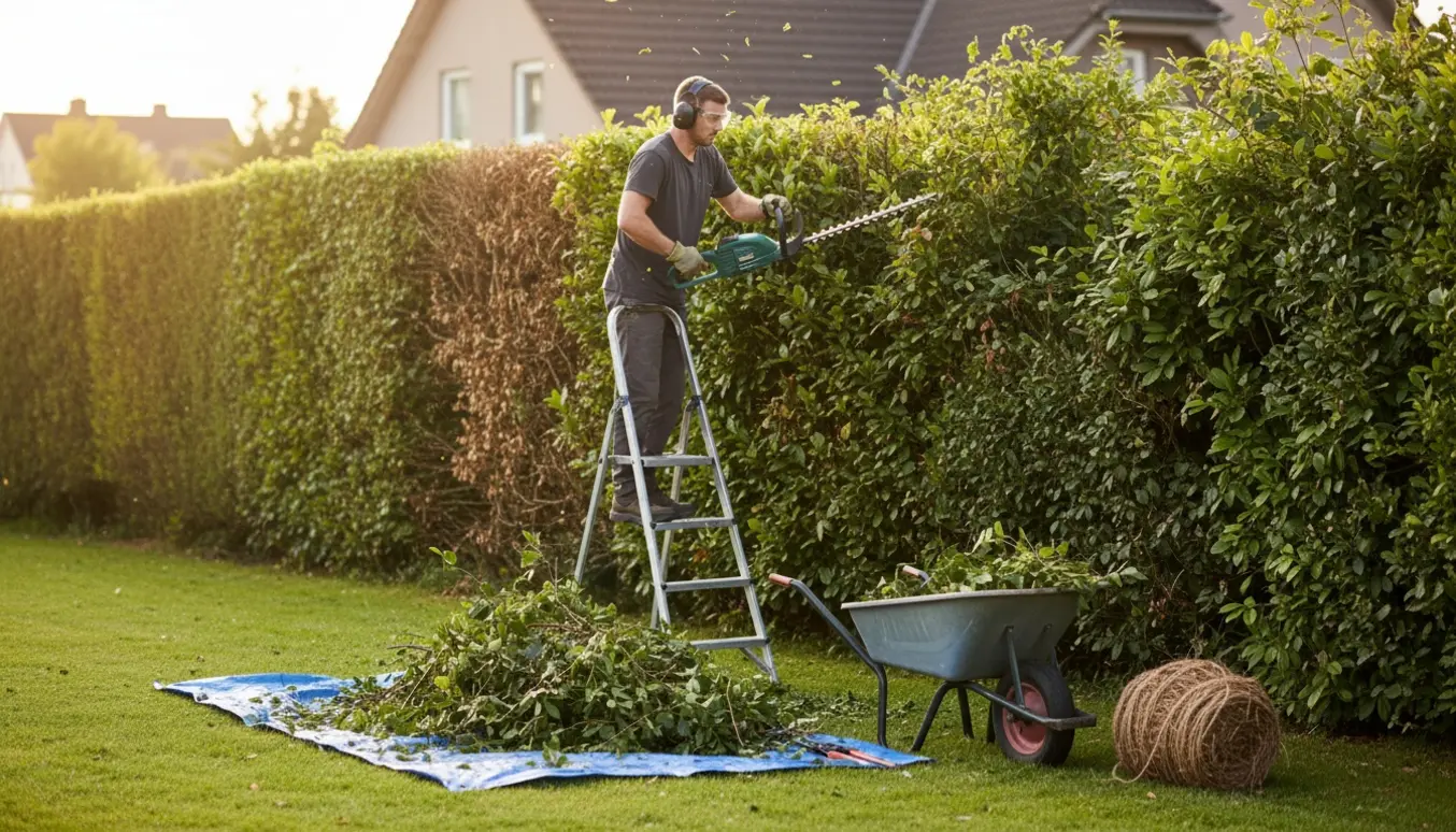 Gartner klipper en lang, høj hæk med en elektrisk hækkeklipper, ansigtet er vendt væk.