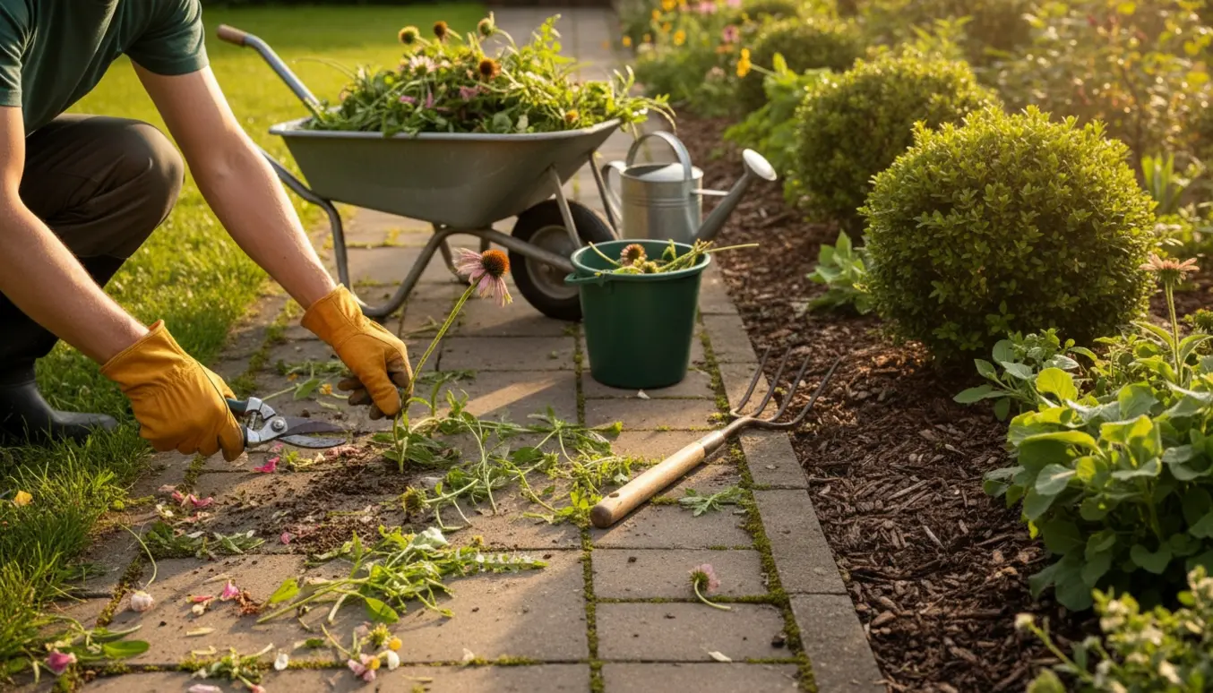 Hænder i havehandsker luger ukrudt mellem fliser og fjerner visne blomster fra et bed.