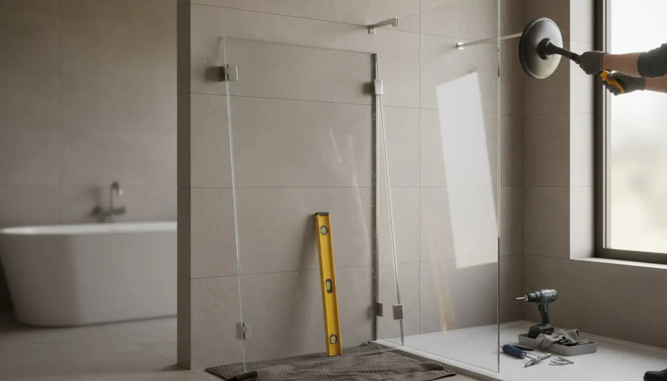 To brusedøre i glas bliver monteret på en flisevæg i et lyst badeværelse.