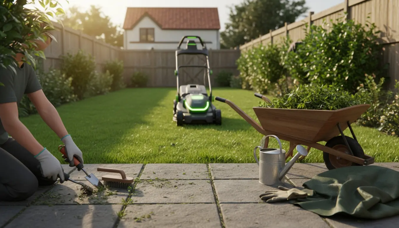 Havearbejde i en lille have med græsslåmaskine, hækkeklipper og fjernelse af ukrudt på terrassen.