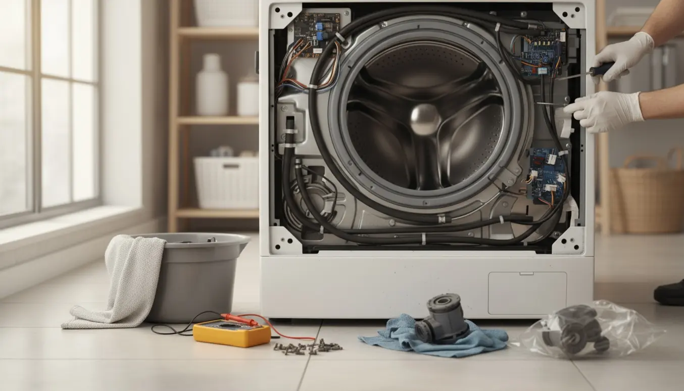 Tekniker med handsker arbejder på en åben frontbetjent vaskemaskine med afmonteret afløbspumpe og værktøj omkring.