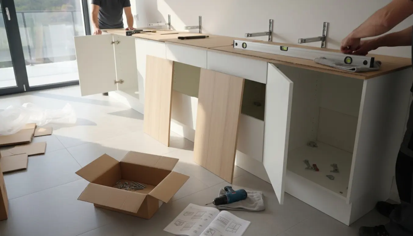 Montage af et Kvik-køkken med syv elementer i stueplan, værktøj og åbne skabe i naturligt dagslys.