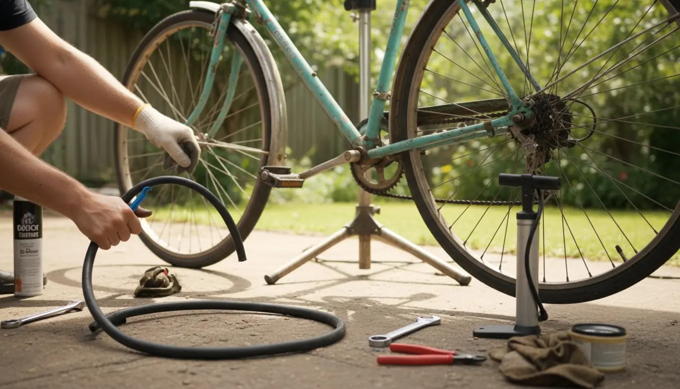 Ældre citybike serviceres i sollyst værksted, hvor hænder monterer ny slange og justerer bagskifter.