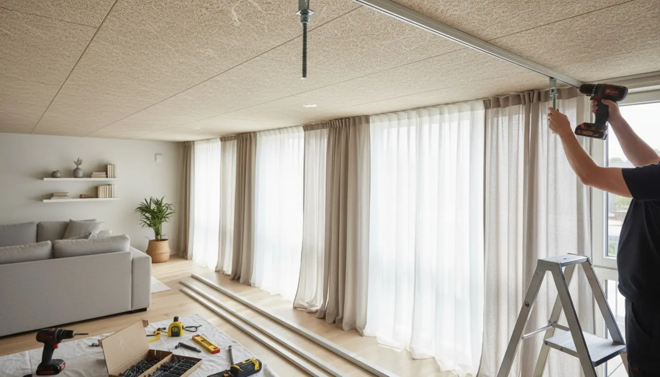 Installation af syv IKEA-gardiner i en lejlighed med troldtekt-loft, værktøj og monteringsbeslag.