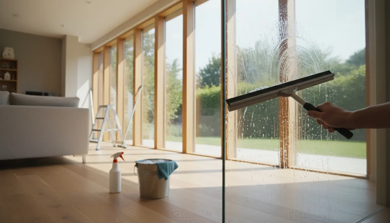 Hænder pudser syv store gulv‑til‑loft‑vinduer med en skraber og en spand sæbevand.