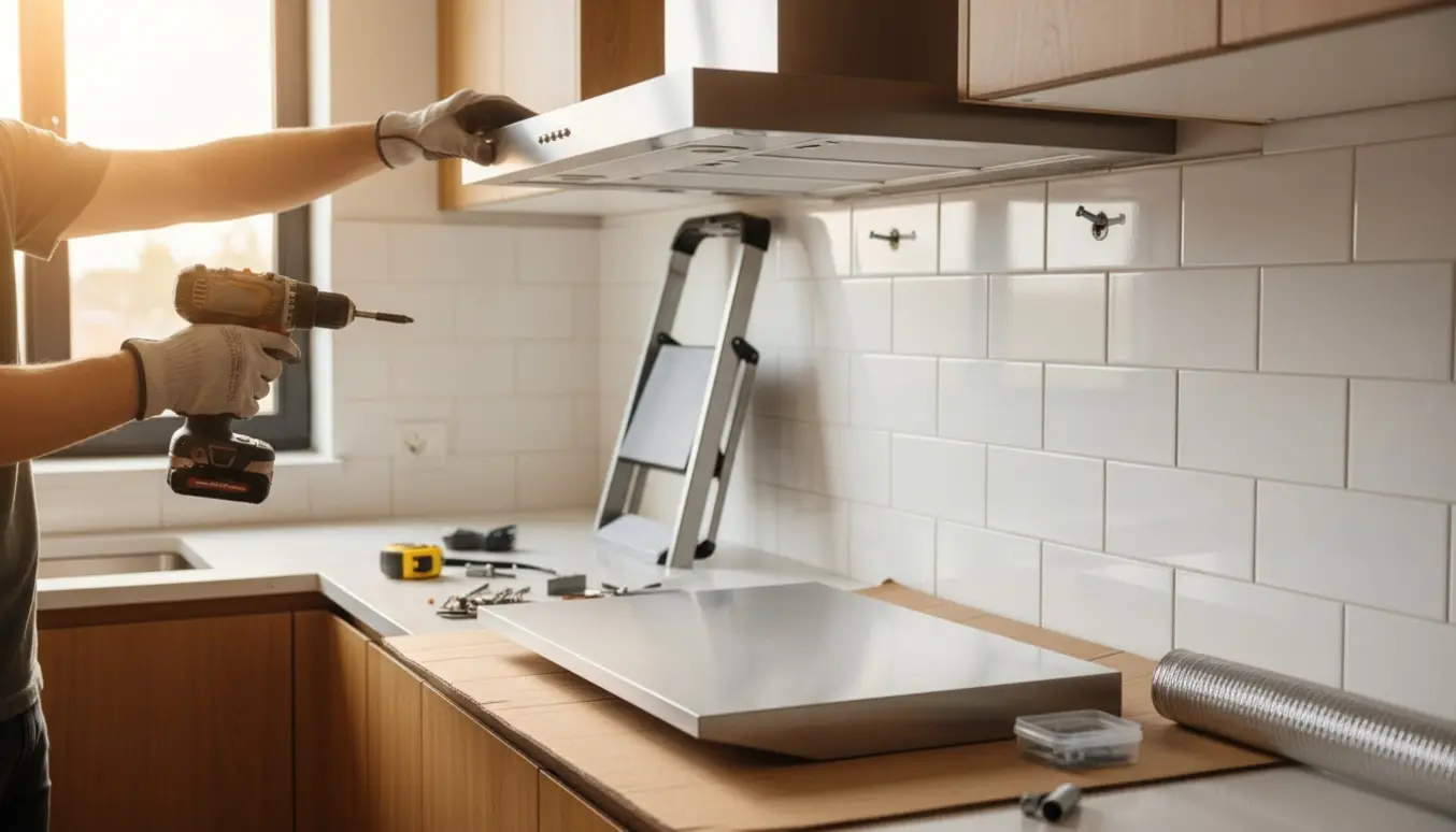 To hænder monterer en ny rustfri emhætte i et køkken, mens den gamle tages ned.