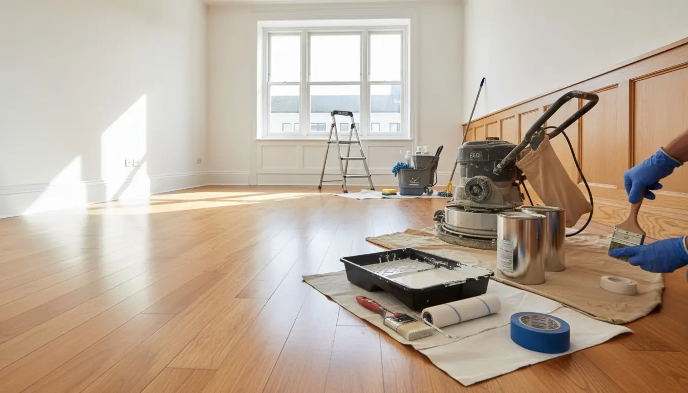 Nyistandsat lejlighed med nyslebne gulve, malerværktøj og rengøringsudstyr i dagslys.