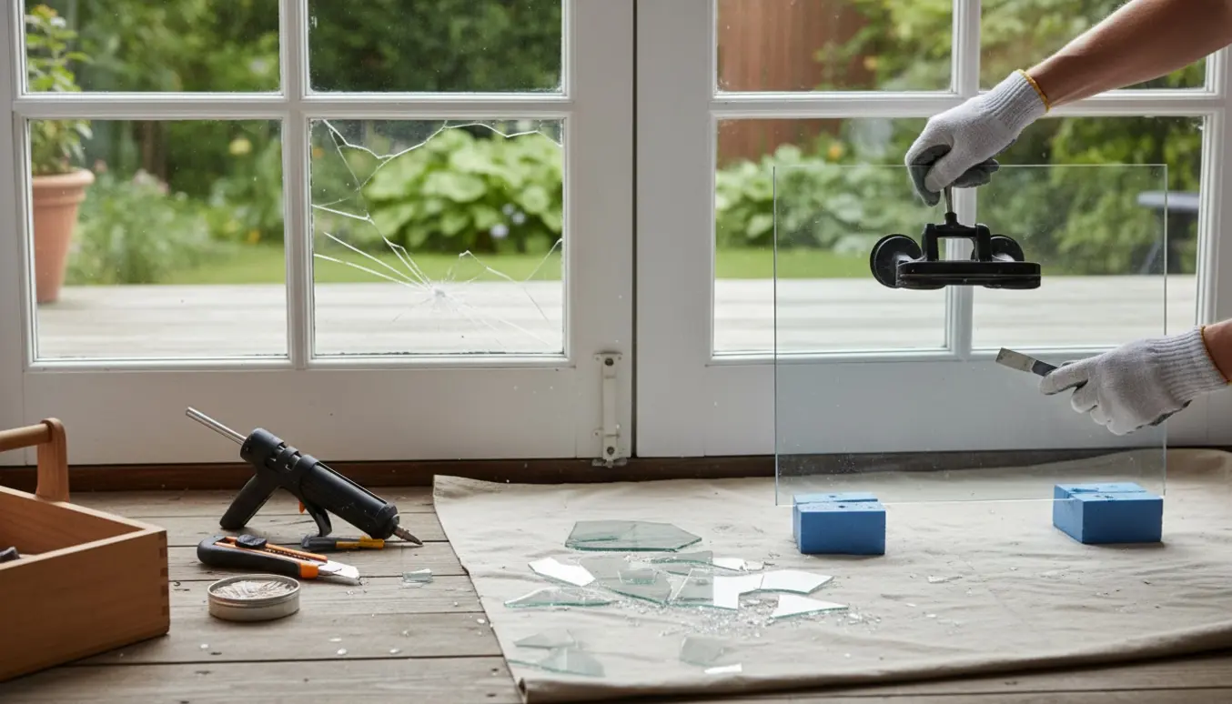 Nærbillede af udskiftning af en revnet rude i en terrassedør med værktøj og nyt glas klar.