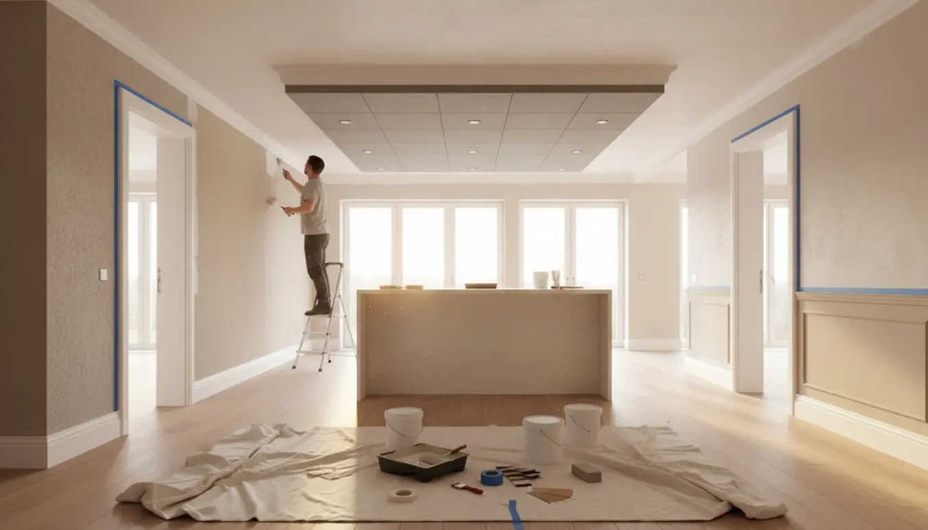 Indvendigt malerarbejde i et lyst, moderne hus med maler på stige, afdækket gulv, malerværktøj og akustikloft i køkken-alrum.