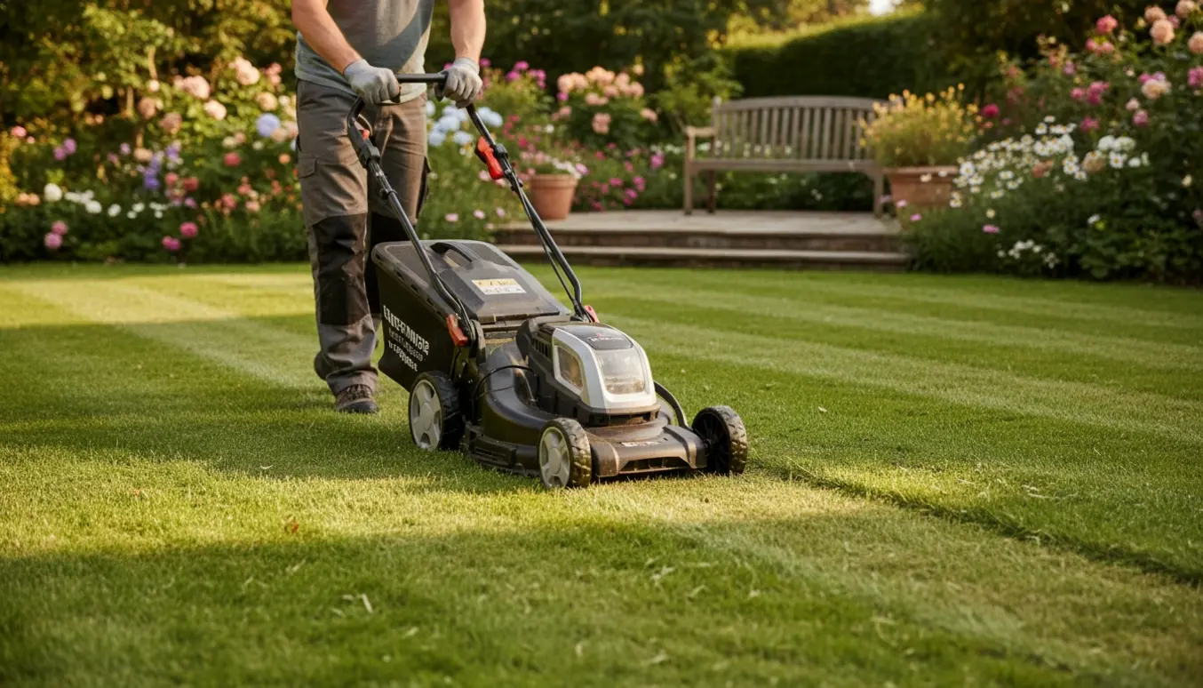 En person slår græs med en plæneklipper i en solrig have med nyslået græs og tydelige striber.