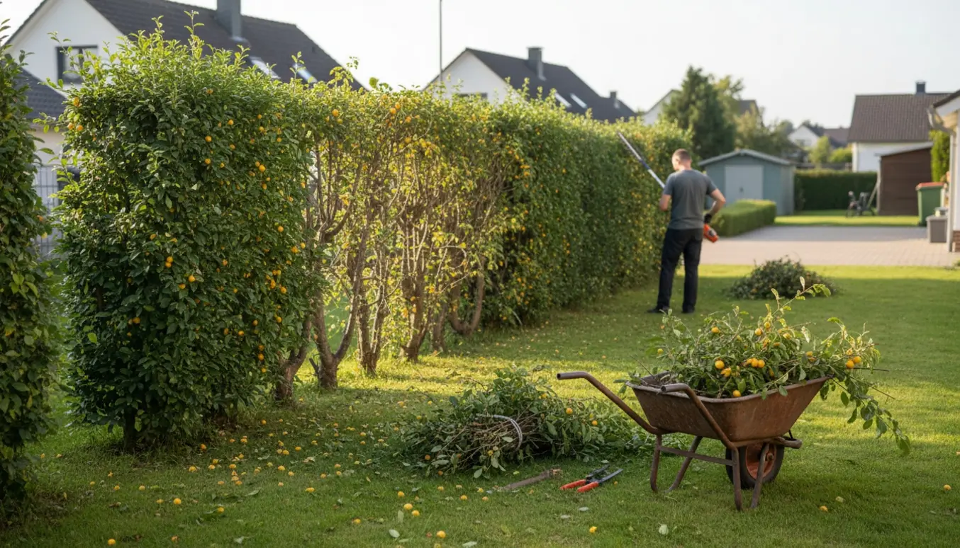Bagfra optaget havearbejder klipper en mirabelle-hæk ned, med afskårne grene samlet i en trillebør.