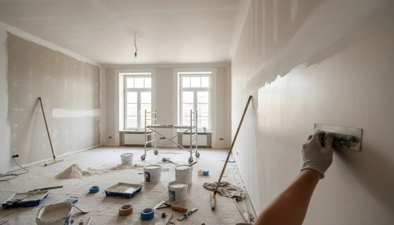 Indendørs rum med nysparklede gipsvægge, værktøj og en hånd, der glatter spartelmasse før maling.