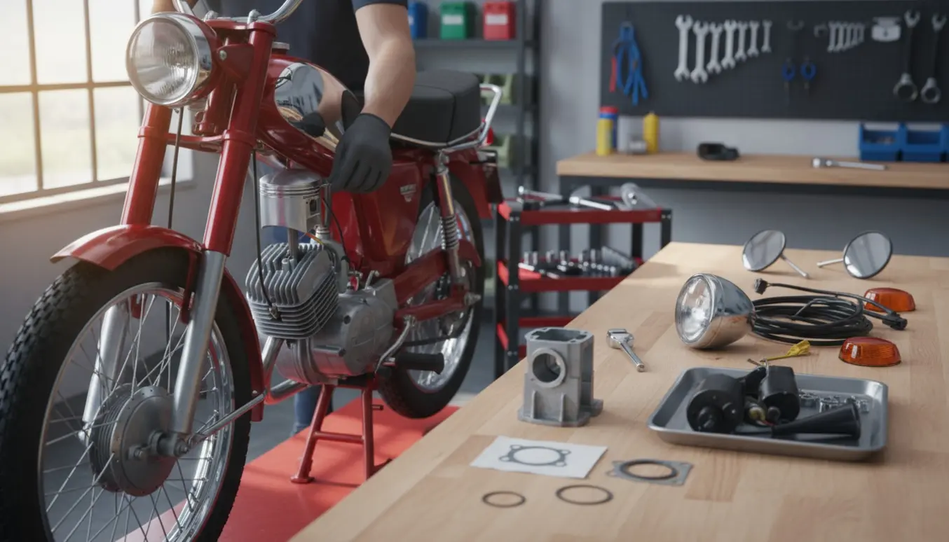 Mekaniker arbejder på en gearmoped med fjernet cylinder og reservedele klar til montering.
