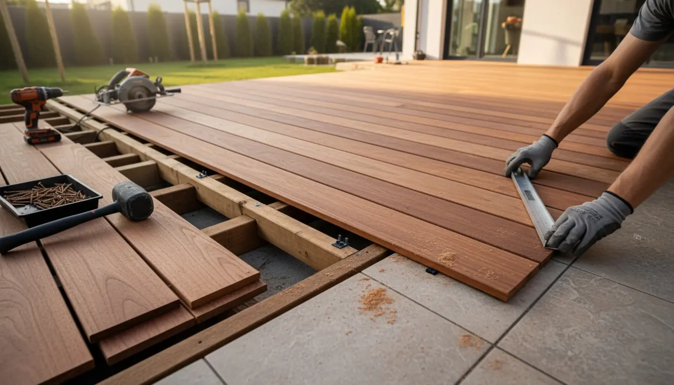 Håndværkere monterer en Jacoba-træterrasse ved siden af eksisterende fliser på grundplan.